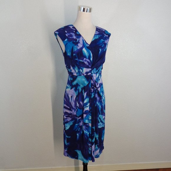 👁️3 for $20Jones New York Size 8 Blue Purple Floral Stretchy Ruched Waist dress - Picture 2 of 7